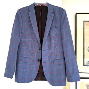blazer HUGO Marzotto 34R blue windowpane 97% wool double vent 2 button classic
